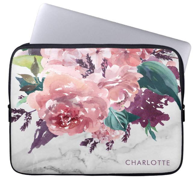 Speciaal Romantisch  Roze Floral Marble Laptop Sleeve (Voorkant)