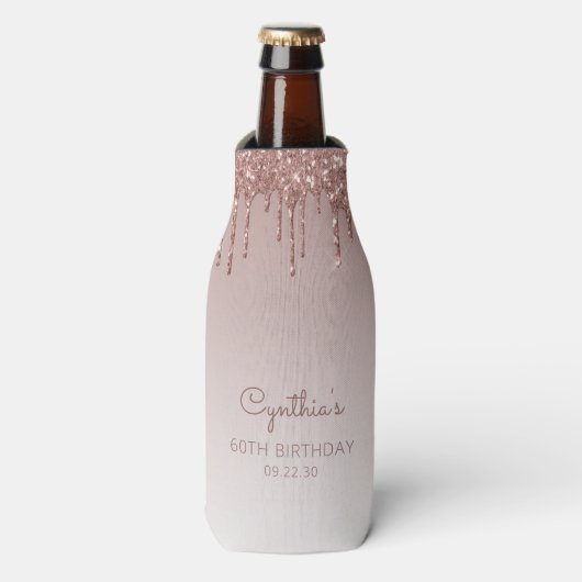 Speciaal Roos Gold Glitter Drip 60th Birthday Flesjeskoeler (Fles Voorkant)