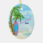 Speciaal roze blauw surfbord voor kerstmis keramisch ornament (Achterkant)