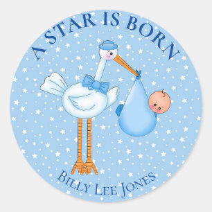 Speciaal Star is Born Stork Baby Boy Ronde Sticker