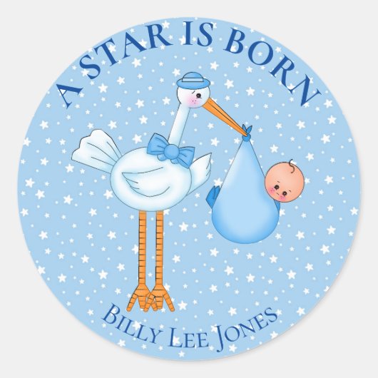 Speciaal Star is Born Stork Baby Boy Ronde Sticker (Voorkant)