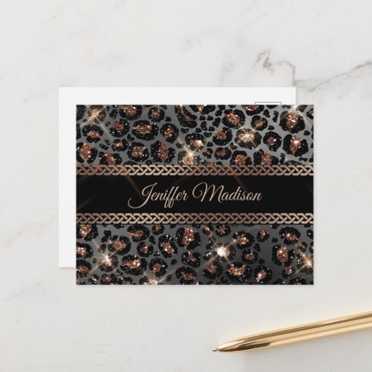 Speciaal Trendy Leopard Black Gold Glitter Briefkaart (Voorkant / Achterkant in situ)