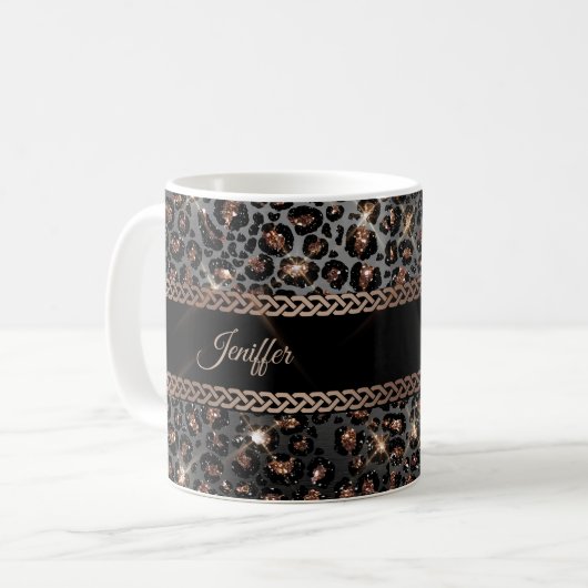 Speciaal Trendy Leopard Black Gold Glitter Koffiemok (Voorkant links)