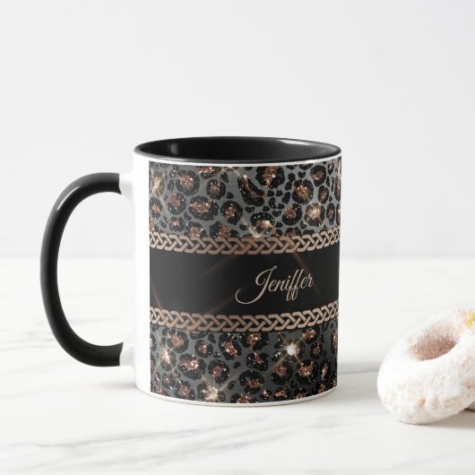 Speciaal Trendy Leopard Black Gold Glitter Mok (Met donut)
