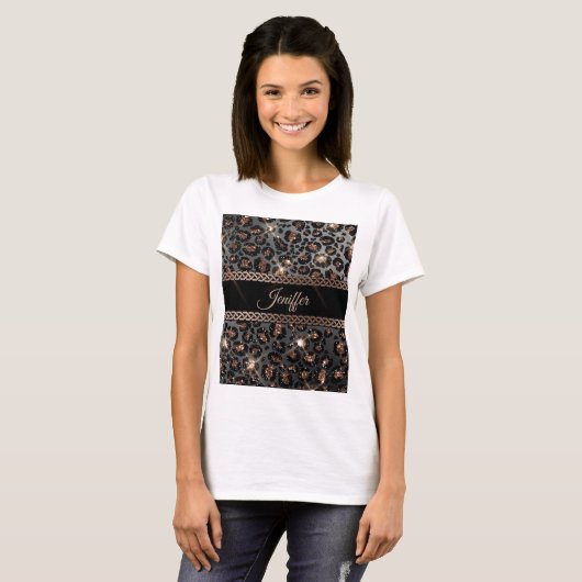 Speciaal Trendy Leopard Black Gold Glitter T-shirt (Voorkant volledig)