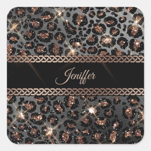 Speciaal Trendy Leopard Black Gold Glitter Vierkante Sticker (Voorkant)