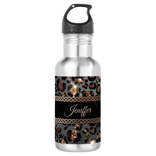 Speciaal Trendy Leopard Black Gold Glitter Waterfles (Voorkant)
