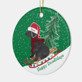 Speciaal uitgelijnde kerstsneeuw op Labradoedle Keramisch Ornament (Links)