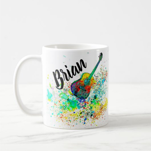 Speciaal uitgeruste gitaren en snoeren koffiemok (Links)