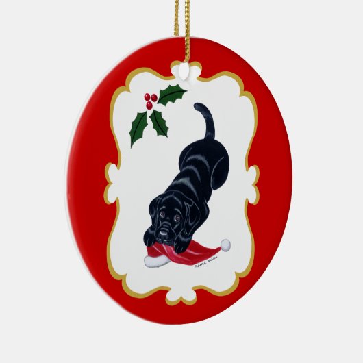 Speciaal uitgeruste zwart-witlab met Santa Hat Keramisch Ornament (Rechts)