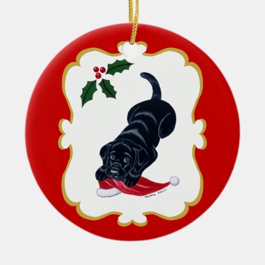 Speciaal uitgeruste zwart-witlab met Santa Hat Keramisch Ornament (Voorkant)