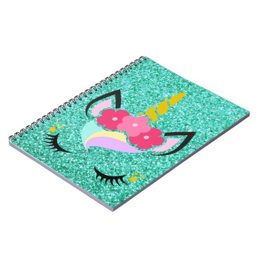 Speciaal Unicorn Blauwgroen Glitter Note Book Notitieboek (Linkerzijde)