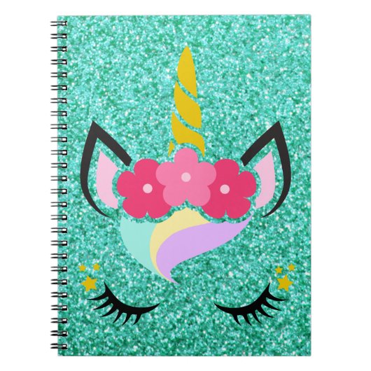 Speciaal Unicorn Blauwgroen Glitter Note Book Notitieboek (Voorkant)