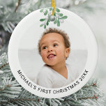 Speciaal voor baby's eerste kerstfoto-keramiek keramisch ornament<br><div class="desc">Dit moderne Eerste Kerstfeest Ornament is gedecoreerd met waterverf minnares. Gemakkelijk aanpasbaar met uw foto, naam, en jaar. Gebruik het Hulpmiddel van het Ontwerp om de tekstgrootte, de stijl, of de kleur te veranderen. Omdat wij ons kunstwerk creëer, zult u dit nauwkeurige afbeelding niet vinden van andere ontwerpers. Oorspronkelijke Waterverf...</div>