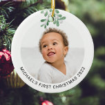 Speciaal voor baby's eerste kerstfoto-keramiek keramisch ornament<br><div class="desc">Dit moderne Eerste Kerstfeest Ornament is gedecoreerd met waterverf minnares. Gemakkelijk aanpasbaar met uw foto, naam, en jaar. Gebruik het Hulpmiddel van het Ontwerp om de tekstgrootte, de stijl, of de kleur te veranderen. Omdat wij ons kunstwerk creëer, zult u dit nauwkeurige afbeelding niet vinden van andere ontwerpers. Oorspronkelijke Waterverf...</div>