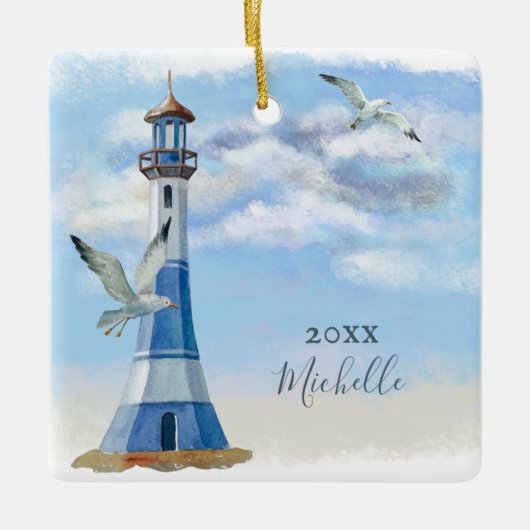 Speciaal vuurtoren Nautical Beach Kerstmis Keramisch Ornament (Voorkant)
