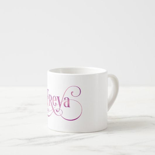 Speciaal Zonnescript Freya Pink op zwart Espresso Kop (Voorkant rechts)