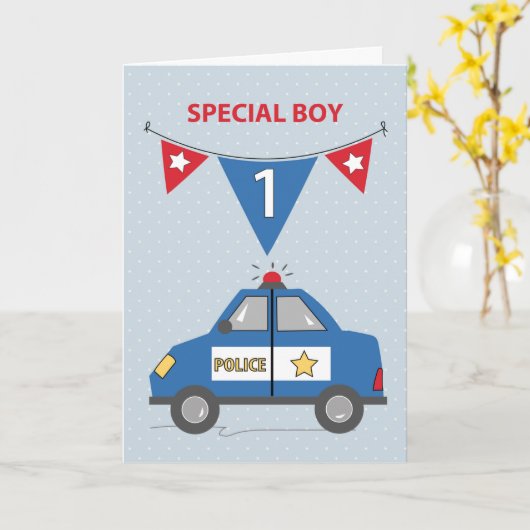Special Boy 1st Birthday Blue Police auto Kaart (Gele Bloem)