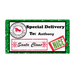 Special Delivery Christmas Package Label<br><div class="desc">Personalize your Christmas gifts and packages with these adorable gift tags. There's a green glitter border with a white center. We hebben de left corner there's in North Pole stamp. Along the bottom is the handtekening of Santa Claus with a stamp "Nice" next to it. You add the recipients name...</div>