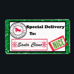 Special Delivery Christmas Package Label<br><div class="desc">Personalize your Christmas gifts and packages with these adorable gift tags. There's a green glitter border with a white center. We hebben de left corner there's in North Pole stamp. Along the bottom is the handtekening of Santa Claus with a stamp "Nice" next to it. You add the recipients name...</div>