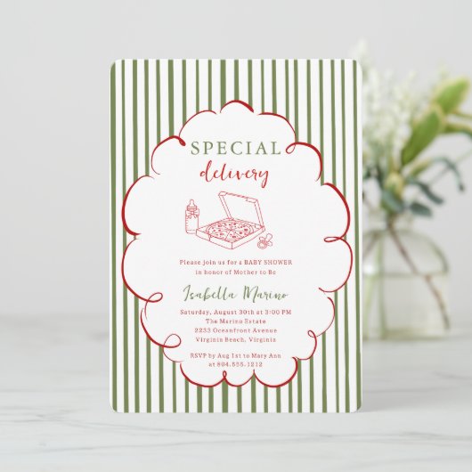 Special Delivery Pizza Baby Shower Uitnodiging (Staand voorkant)
