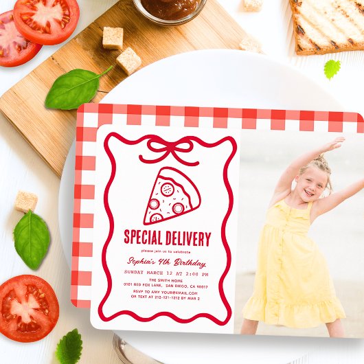 Special Delivery Red Bow Pizza Photo Birthday Kaart