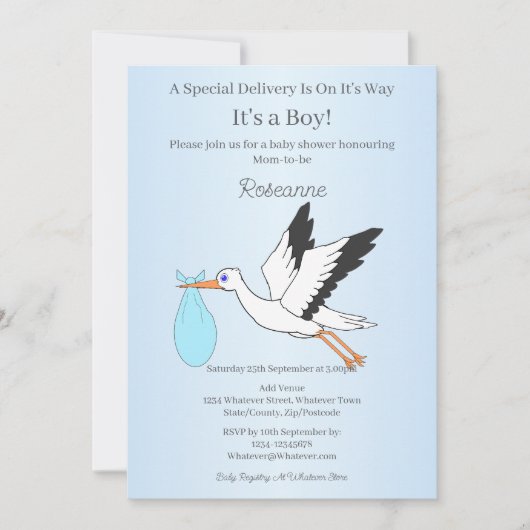 Special Delivery Stork Baby Boy Baby Shower Kaart (Voorkant)