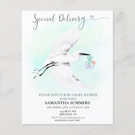 Special Delivery Watercolor Ooievaar Baby shower (Voorkant)