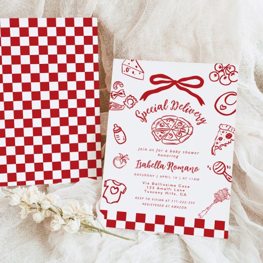 Special Delivery Whimsical Bow Pizza Baby Shower Kaart