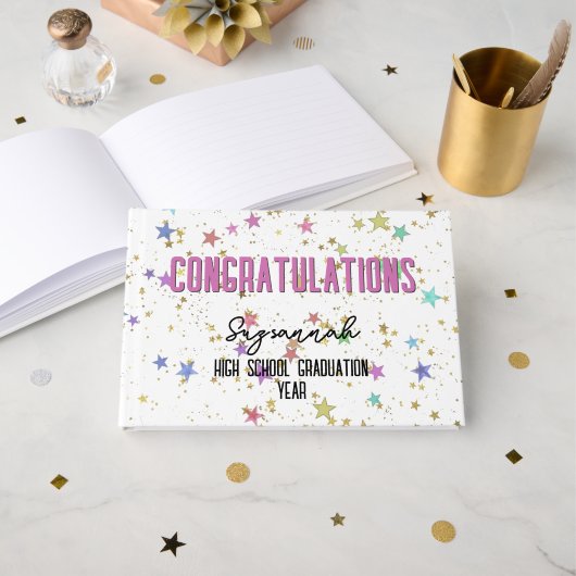 Special Event Kleurrijke sterren op witte achtergr Gastenboek (Voorkant open)