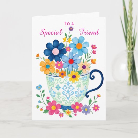 Special Friend Teacup & Flower Birthday Kaart (Voorkant)
