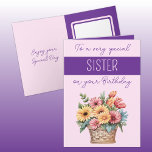 Special Sister gerbera paarse roze verjaardag Kaart<br><div class="desc">Vier de speciale dag van je zus met een levendig boeket Gerbera-madeliefjes,  symbool voor vreugde,  liefde en vriendschap! Deze vrolijke bloemen zijn de perfecte manier om te shows hoeveel ze voor je betekent. Personaliseer uw verjaardagskaart met een oprechte boodschap. Roze / Paarse</div>
