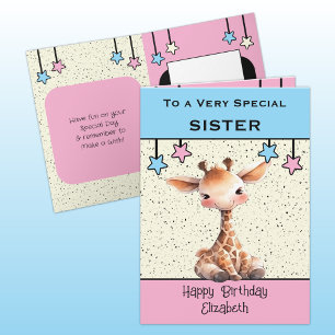 Special Sister giraffe kinder blauwe verjaardag Kaart