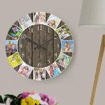 Speciale 12 Photo Collage Dark Wood Round Grote Klok<br><div class="desc">Creëer uw eigen unieke wandklok. Het fotomalplaatje is opstelling klaar voor u om 12 van uw favoriete foto's toe te voegen. Voeg uw afbeeldingen toe die met de klok mee van de bovenkant werken en schakel hen rond om de blik te krijgen u wilt. Dit donkere houten ontwerp heeft witte...</div>