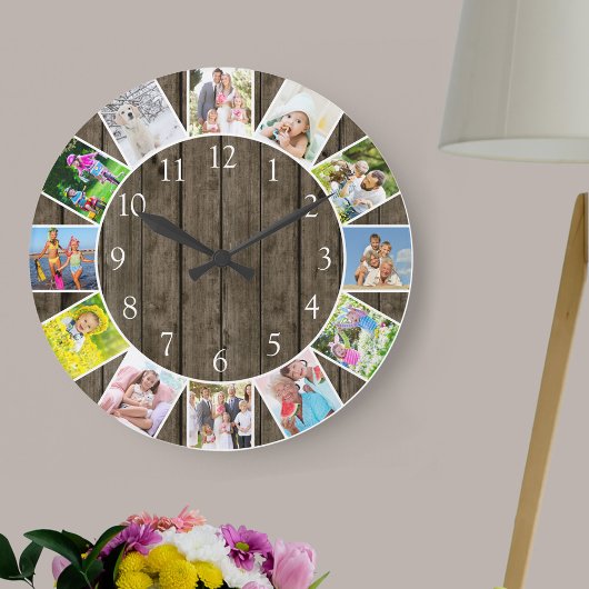 Speciale 12 Photo Collage Dark Wood Round Grote Klok