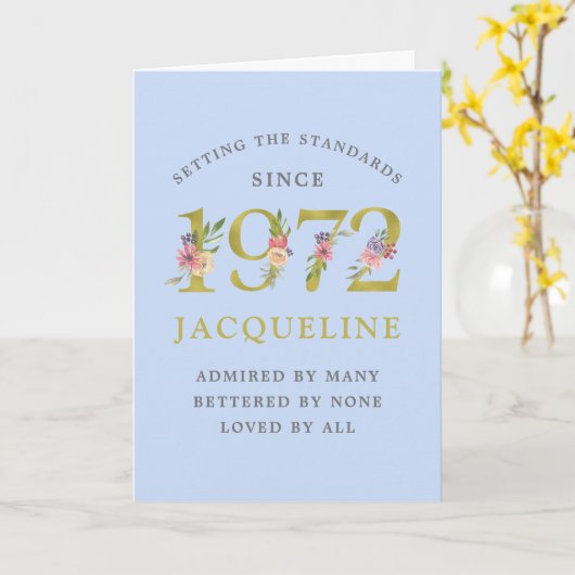 Speciale 50e verjaardag 1972 Blue Gold Floral Kaart (Gele Bloem)