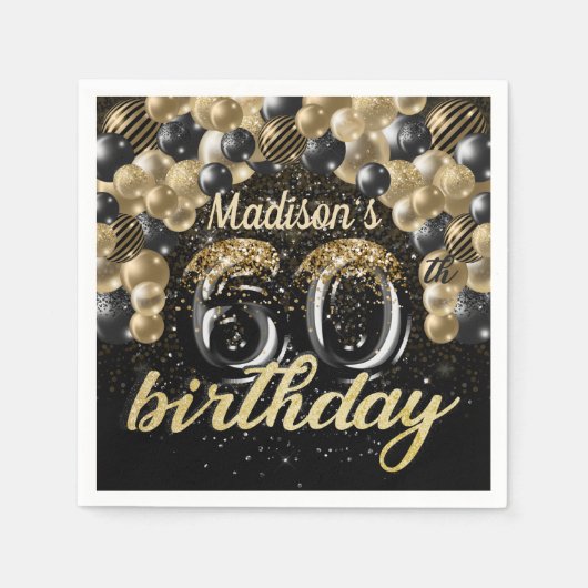 Speciale 60e verjaardag zwarte goudballon servet (Voorkant)