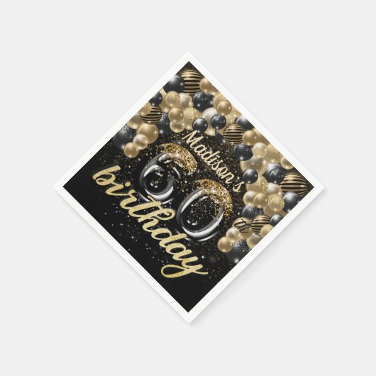 Speciale 60e verjaardag zwarte goudballon servet (Hoek)