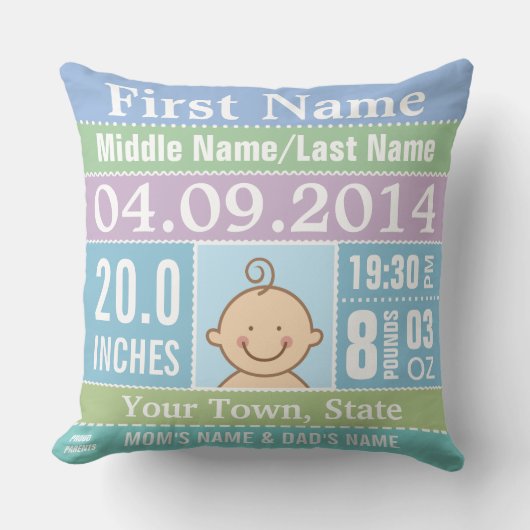 Speciale babyjongen geboorte Stats Pillow Kussen (Voorkant)