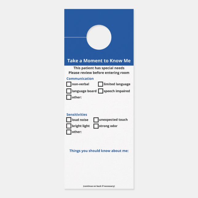 Speciale behoeften patiënt - geen logo-versie deurhanger (Voorkant)