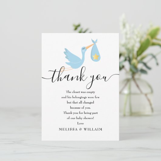 Speciale bezorging dank je gedicht baby jongen sho bedankkaart (Staand voorkant)