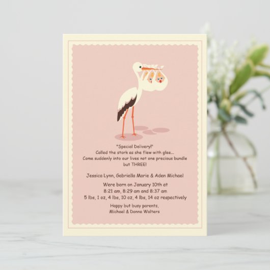 Speciale bezorging drieling geboorteaankondiging aankondiging (Staand voorkant)