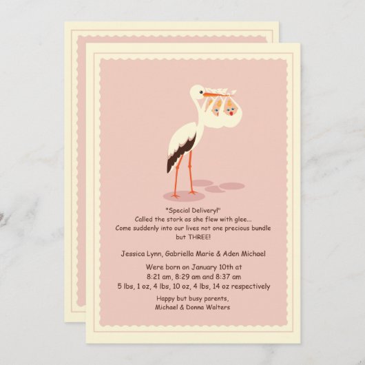 Speciale bezorging drieling geboorteaankondiging aankondiging (Voorkant / Achterkant)