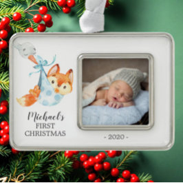 Speciale bezorging FOX Eerste Kerstfoto Verzilverd Omlijst Ornament