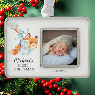 Speciale bezorging FOX Eerste Kerstfoto Verzilverd Omlijst Ornament