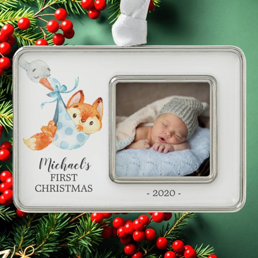 Speciale bezorging FOX Eerste Kerstfoto Verzilverd Omlijst Ornament