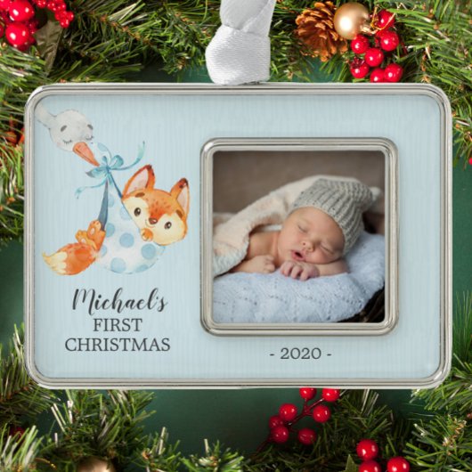Speciale bezorging FOX Eerste Kerstfoto Verzilverd Omlijst Ornament