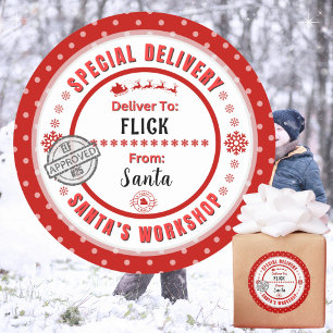 Speciale Bezorging Kerstman aan Kind Helder Rode L Ronde Sticker