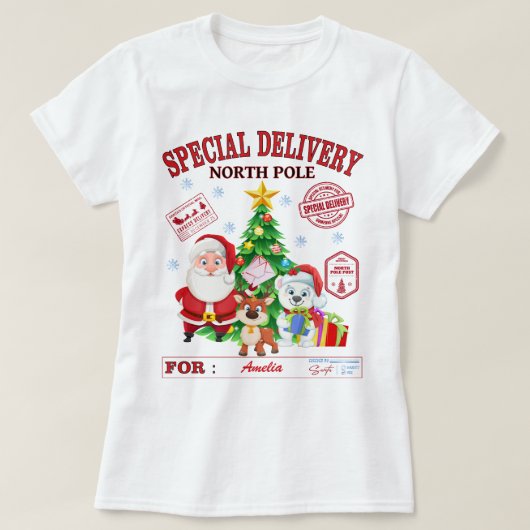 Speciale bezorging Noordpool Kerstman T-shirt (Design voorkant)