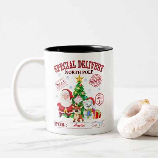 Speciale bezorging Noordpool Kerstman Tweekleurige Koffiemok (Met donut)